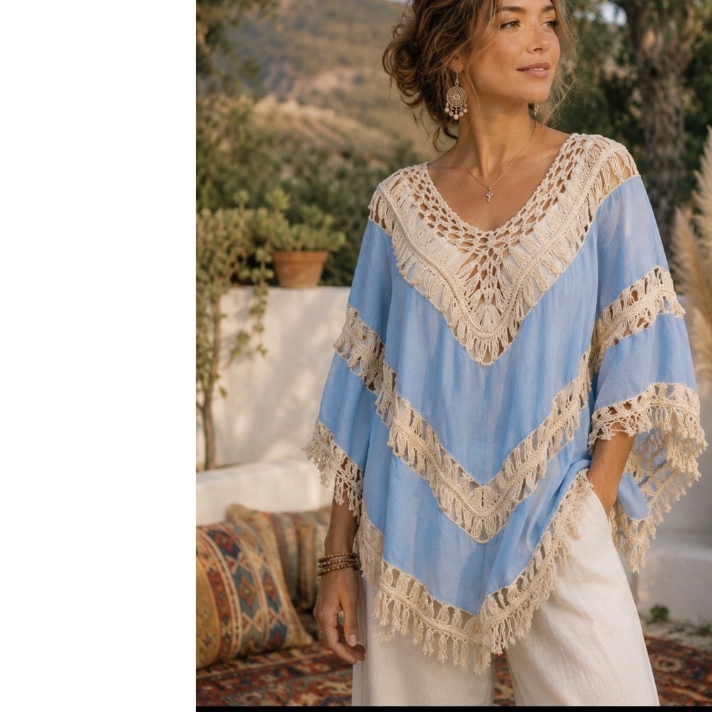 Umgee S Boho Light Blue Crochet Macrame Fringe Tunic Top Oversized V-Neck top